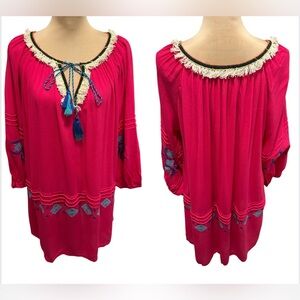 Hayden LA Women's Plus Mini Dress Tunic 1XL Fuchsia Embroidery Tassel Tie Fringe